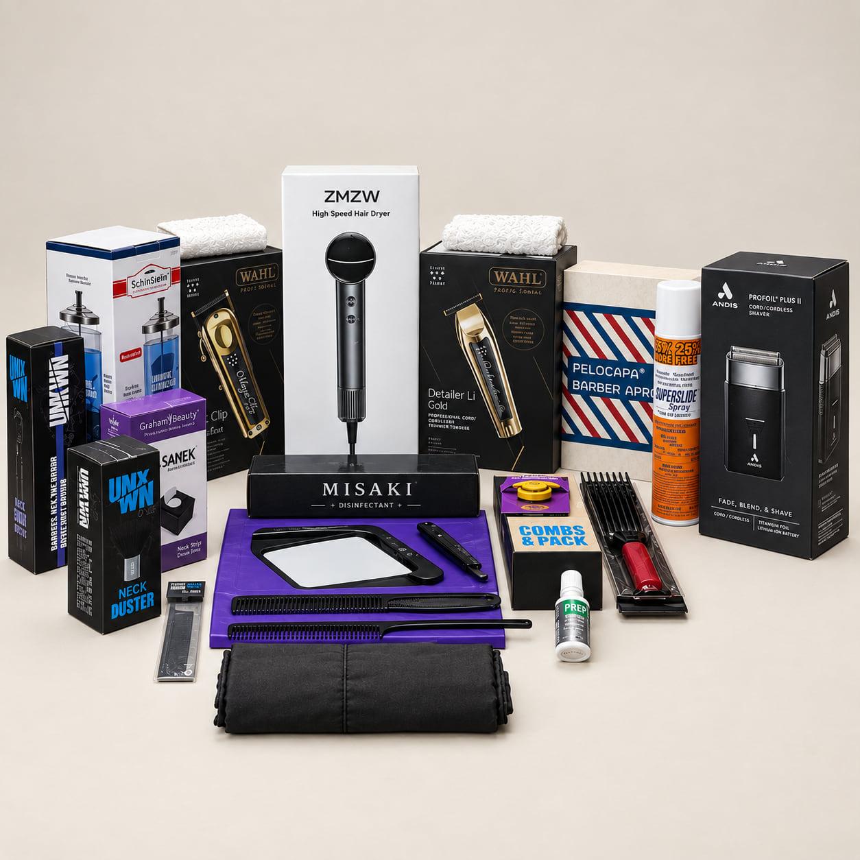 A student's barbering kit laid out: cordless clippers, a trimmer, a foil shaver, a hair dryer, a sanitiser jar, a disinfectant spray, shears, combs and brushes, neck strips and a neck duster, a spray bottle, a razor, towels and a folded cape.